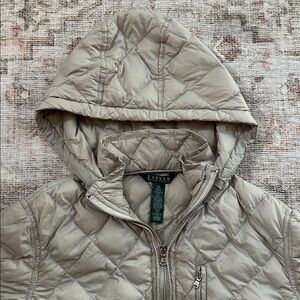 Woman’s Lauren Ralph Lauren Down Feather Tan Puffer Jacket With Hood
